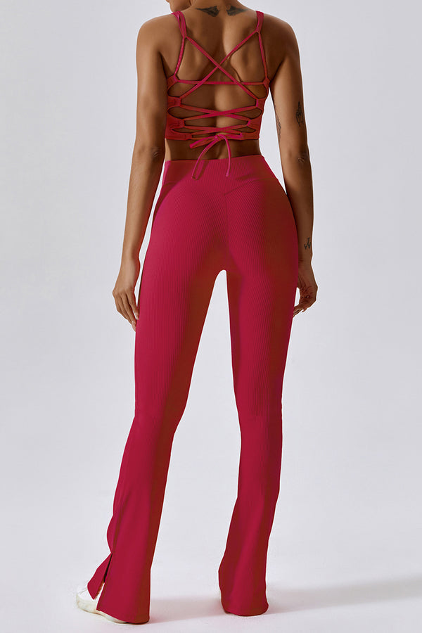 HIGH WAISTED FLARED RIBBED LEGGINGS IN BOLD BERRY