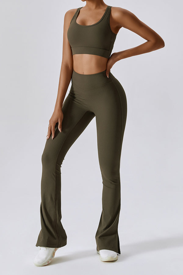 HIGH WAISTED FLARED RIBBED LEGGINGS IN MOSS
