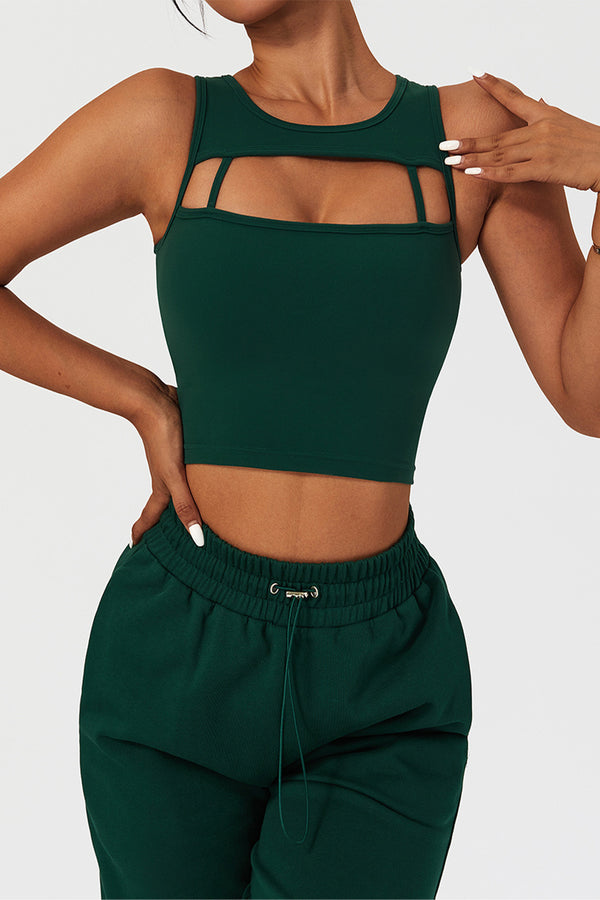 PADDED SPORTS CROPPED TANK TOP IN EVERGREEN