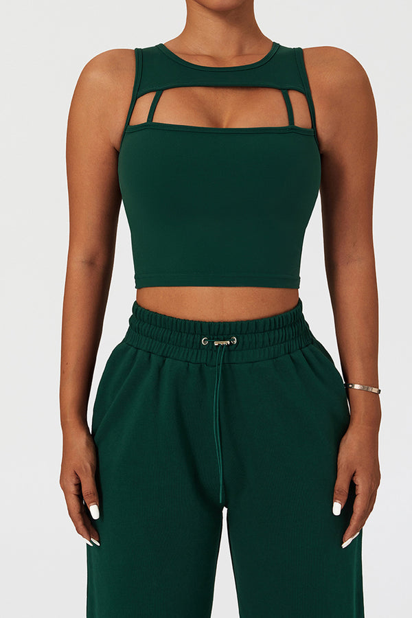PADDED SPORTS CROPPED TANK TOP IN EVERGREEN