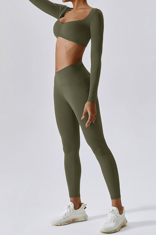 LONG SLEEVE RUCHED PADDED BRA IN EVERGREEN