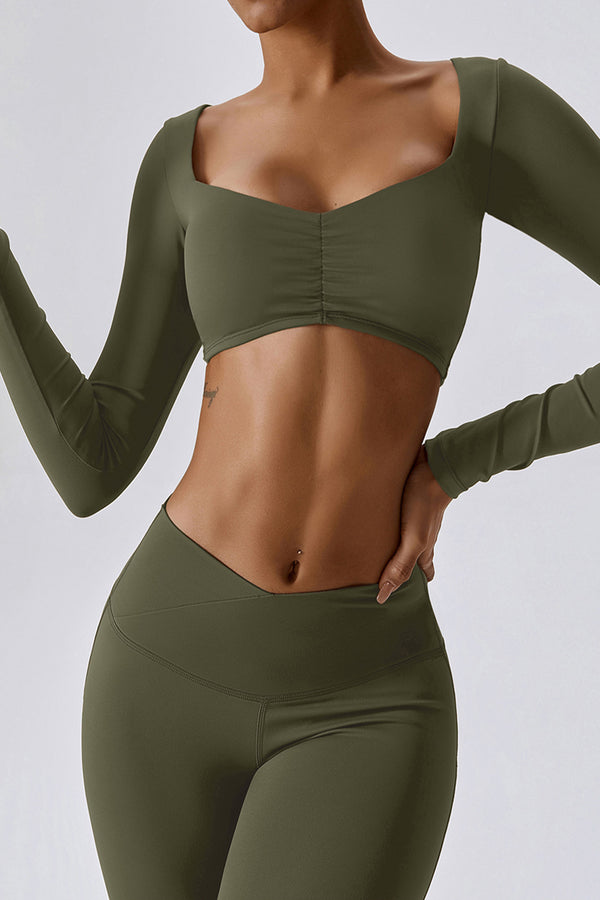 LONG SLEEVE RUCHED PADDED BRA IN EVERGREEN