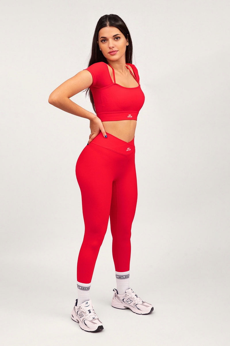 CONTOUR RIB V FRONT HIGH WAISTED LEGGINGS IN RASPBERRY RED